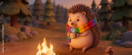 cute cartoon hedgehog sitting by campfire with colorful scarf holding cup