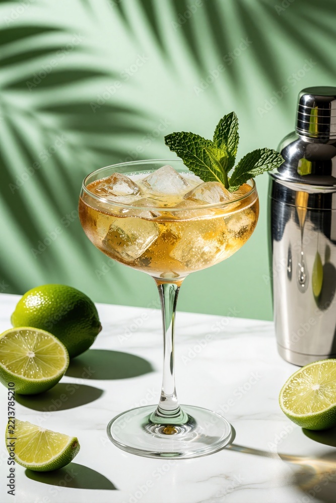 Fototapeta premium Refreshing Cuban cocktail with white rum, lime, mint, ice in glass. Cold alcoholic drink sits on marble table with shaker. Summer beverage with citrus fruit, palm leaf shadows on green background.