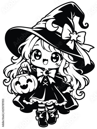 Cute Chibi Witch Illustration Holding Halloween Pumpkin Bucket