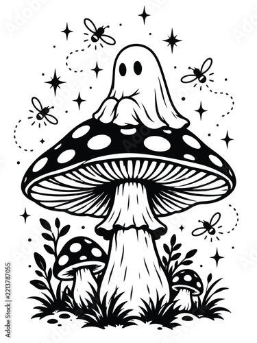 Cute Ghost Mushroom Illustration with Fireflies and Stars