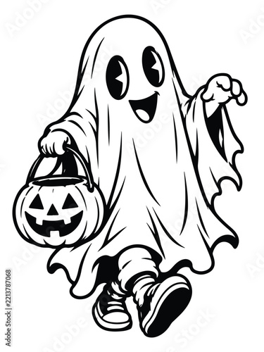 Cute Halloween Ghost Coloring Page with Pumpkin Bucket