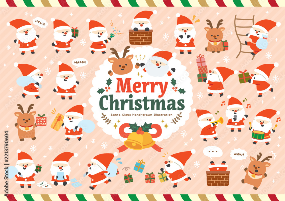 Fototapeta premium かわいいサンタクロースとトナカイのクリスマスイラストセット
