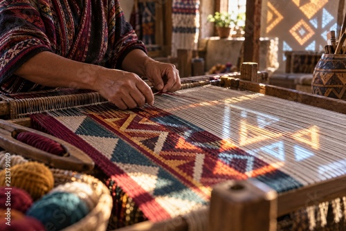 Artisan hands weaving traditional textile pattern on wooden loom