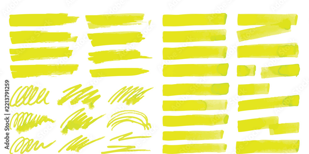 Fototapeta premium Bright yellow highlighter pen strokes and marker scribbles collection for school and office design projects
