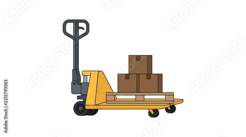 Yellow pallet jack with cardboard boxes on a wooden pallet vector illustration