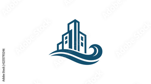 City skyline and wave graphic a blue vector illustration