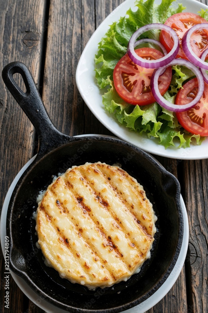 Fototapeta premium Top view of grilled provolone cheese in black cast iron pan. Fresh salad with sliced tomato, red onion, lettuce on white plate. Healthy vegetarian meal served on rustic wooden table for lunch dinner.