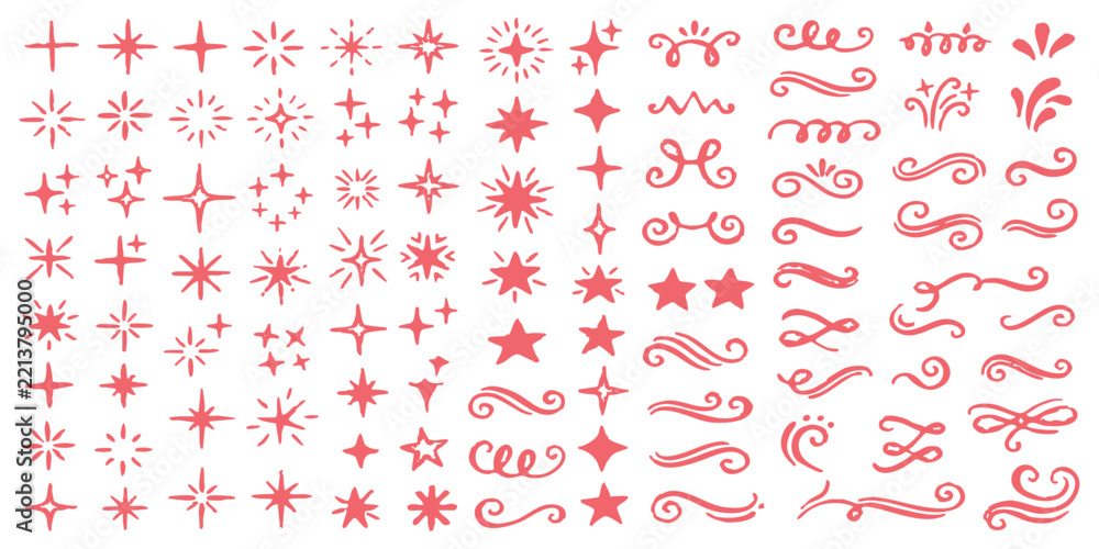 Fototapeta premium Set of pink sparkles stars and hand drawn swirls for decoration and design elements on a creative page layout