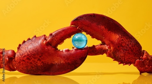 Surreal lobster claw holding blue sphere on yellow background