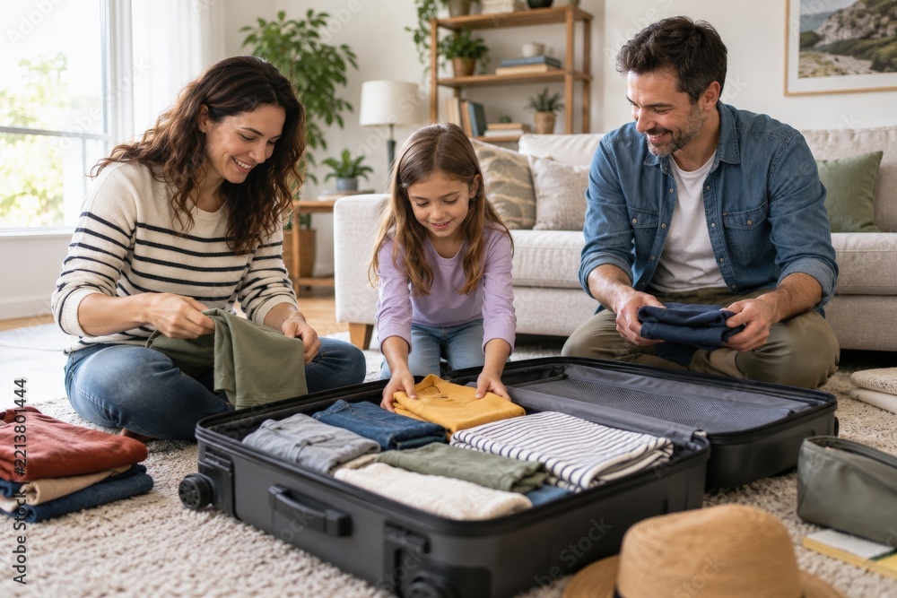 Fototapeta premium Family packing suitcase together on living room floor