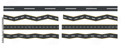 Seamless asphalt road highway street lane template with dashed white line markings. Highway or roadway background. Straight and winding road. Seamless asphalt road template. 