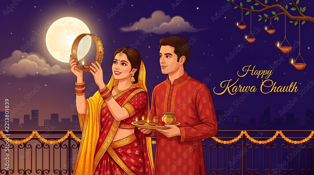 Fototapeta premium illustration of Indian Hindu Festival happy Karva Chauth background with couple doing Karwa Chauth
