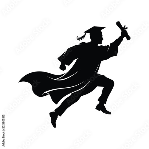 Graduate Running with Diploma Flowing Gown Silhouette Black Vector Icon
