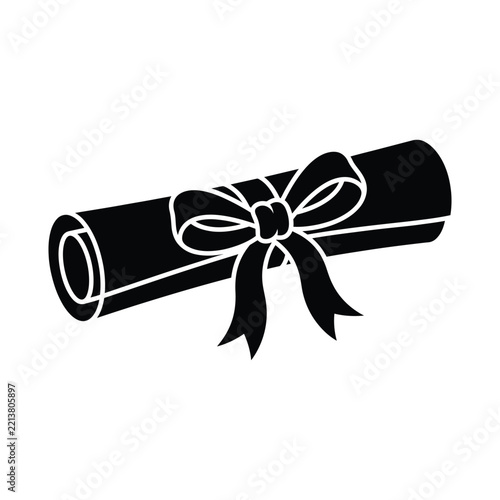 Diploma Scroll Tied with Ribbon Bow Silhouette Black Vector Icon