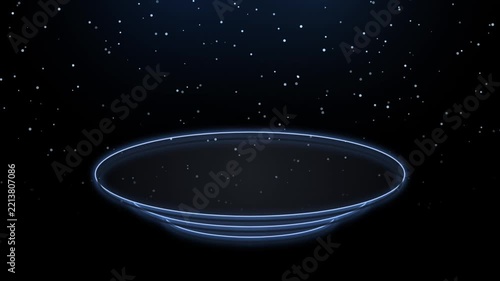Six isolated futuristic glowing blue rimmed plates on a dark starry background in cinematic motion