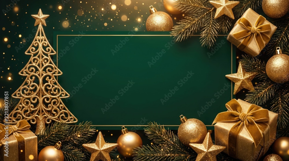 Fototapeta premium Elegant christmas background with a central green rectangular frame decorated with golden ornaments gift boxes and a decorative tree