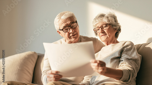 Senior couple reading papers together on a cozy sofa.