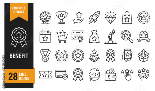 Benefit rewards and loyalty program line icon set with black thin stroke for marketing strategy and customer satisfaction.