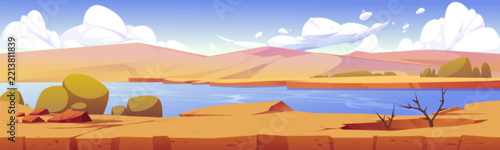 Desert Landscape Illustration with River and Mountains, Flat Vector Art Style for Backgrounds and Game Design
