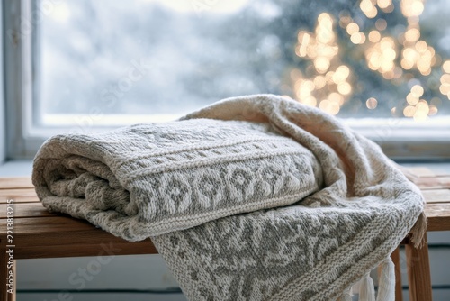 Warm blanket placed on wooden table near window with light in the background