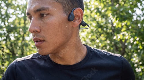 Athlete Wearing Bone Conduction Headphones for Outdoor Running Fitness