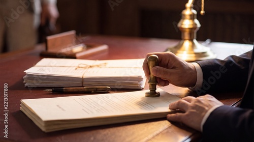 Notary Public Stamping Certified True Copy Document for Legal Authentication