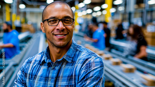 A man in a blue plaid shirt smiling at the camera in a warehouse setting