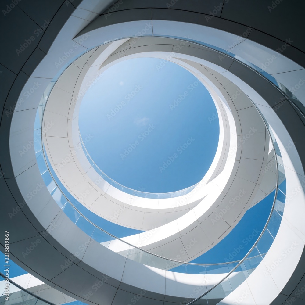 Fototapeta premium Modern spiral architecture shows white curved beams against blue sky. Abstract geometric design forms circular pattern with upward view. Minimalist building structure features smooth metal ceiling,