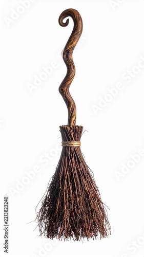Magical Witch Broom with Twisted Wooden Handle Isolated on White Background for Halloween