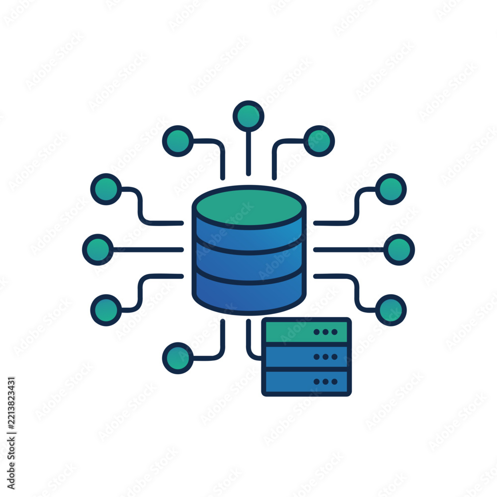 Fototapeta premium Big Data Base and Server Storage Icon, Cloud Computing and Network Infrastructure Flat Vector Illustration