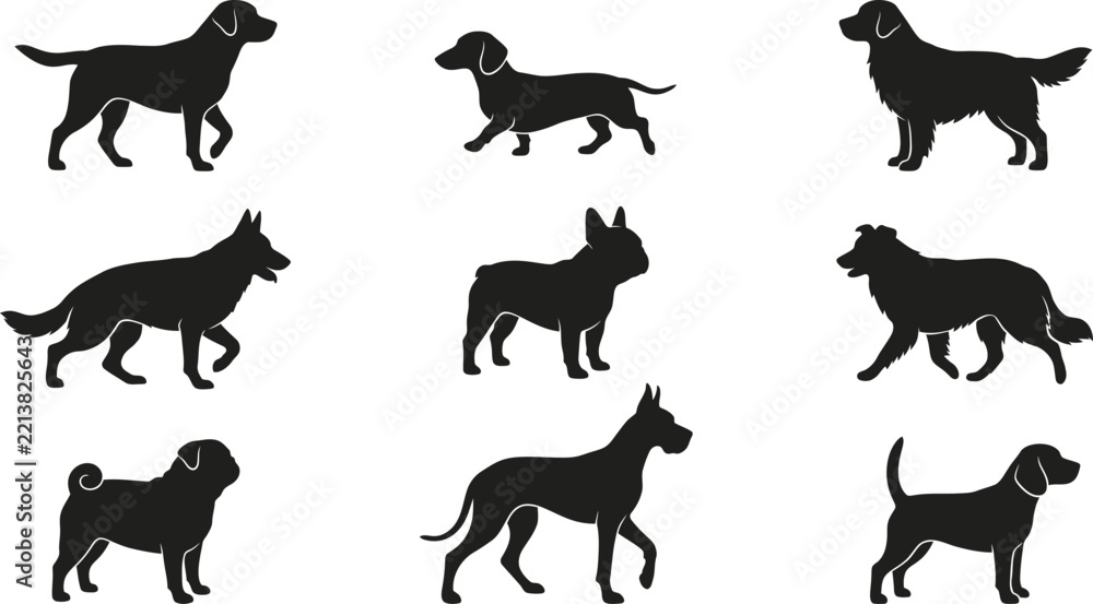 Fototapeta premium Collection of Dog Breed Silhouettes Isolated on Light Background Featuring Various Domestic Canine Profiles and Poses