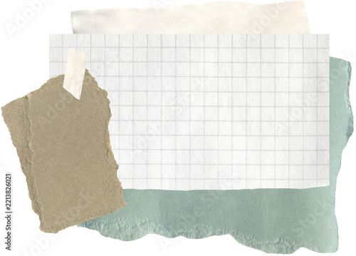 Paper collage background with torn notebook sheets and ripped edges. Paper scraps, grid textures and tape pieces arranged in vintage scrapbook banners design