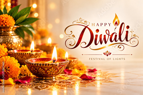 Happy Diwali Greeting with Traditional Oil Lamps and Festive Indian Decoration