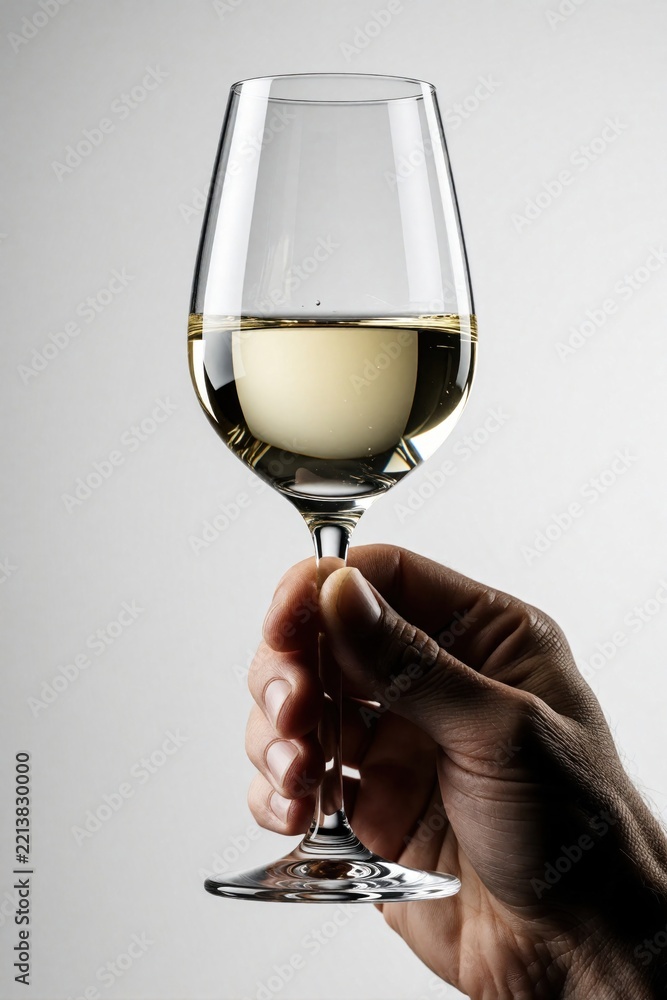 Naklejka premium Close up of mature male hand holding elegant wine glass. Man drinks white wine during luxury dinner party tasting event. Sommelier serves chilled alcohol beverage in stemware for celebration fine
