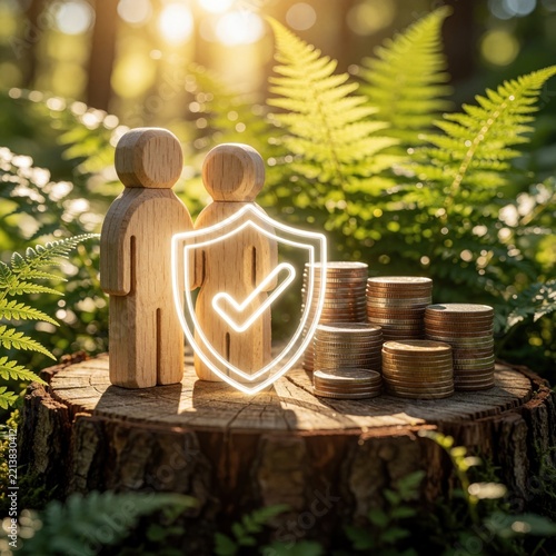 Wooden figures of senior couple stand behind glowing shield with check mark. Gold coins stack near on tree stump in sunny forest. Concept of retirement planning, life insurance, wealth protection,