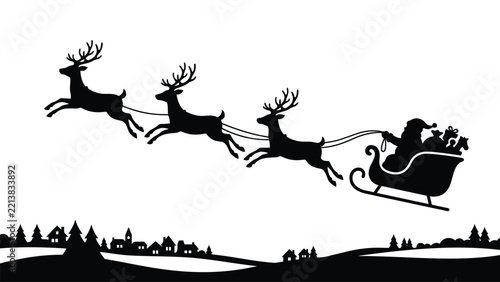 Black silhouette of santa claus flying in sleigh with reindeer