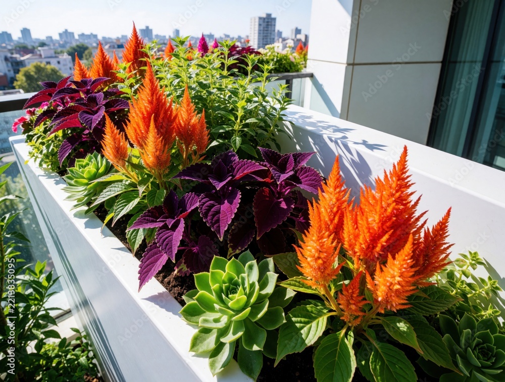 Fototapeta premium Colorful flowers grow in long white planter on modern apartment balcony. Bright orange celosia, purple coleus, green succulents decorate sunny terrace. Urban garden with blooming plants provides