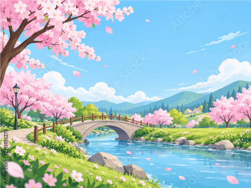 Spring riverside park with pink cherry blossom trees and an arched stone footbridge beside flowering meadows and drifting petals beneath a bright blue sky with distant mountains and open copy space