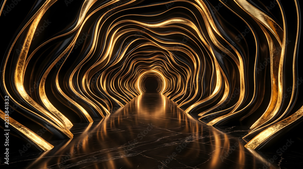 Fototapeta premium Dramatic golden tunnel with flowing organic curves, glossy black surfaces and reflective marble flooring.