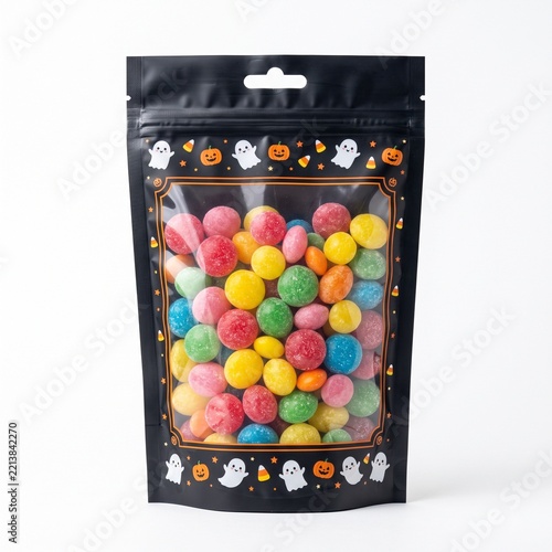 Halloween Candy Pouch with Colorful Candies, Ghosts, Pumpkins, Corn.