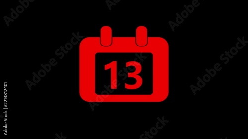 Red calendar with number 13 pulsing animation on black background, date thirteen red, pulsing