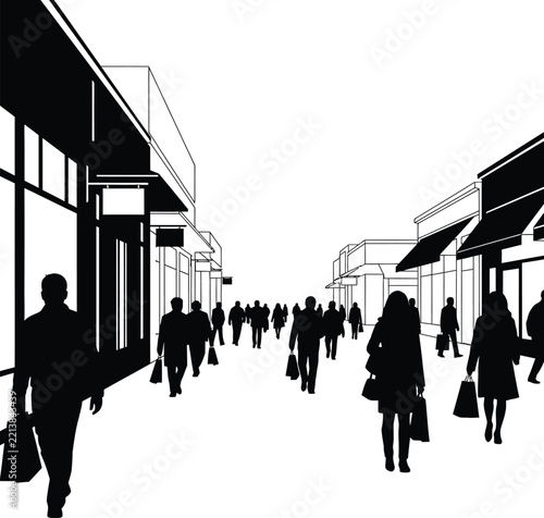 City street with pedestrians and shops silhouette isolated on transparent background
