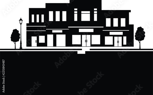 Black silhouette of a building with trees and a street lamp isolated on transparent background