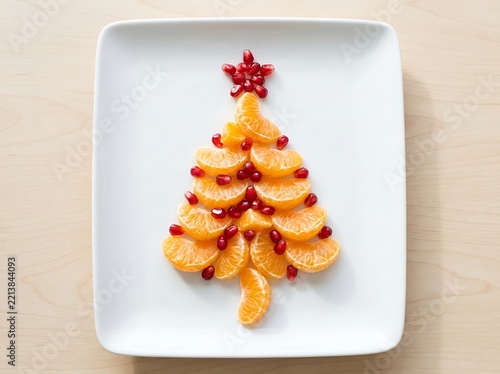 Creative Christmas tree made of fresh mandarin orange slices and pomegranate seeds on white plate