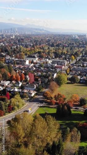 Vertical aerial view of park conservatory with city skyline