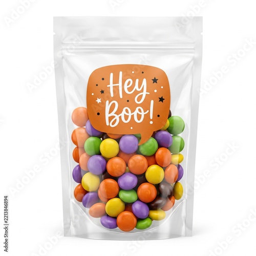 Halloween Candy Treat Pouch with Colorful Chocolate Candies and Label.