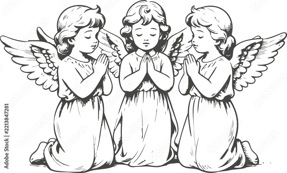 Fototapeta premium Three praying angels with wings children in robes kneeling and praying together