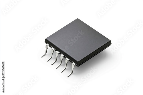Square black integrated circuit with eight metallic legs, isolated against white background.
