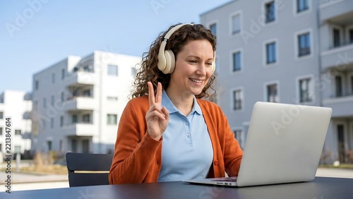 A smiling woman with curly hair wearing headphones makes a peace sign gesture while sitting at a table with a laptop in front of apartment buildings