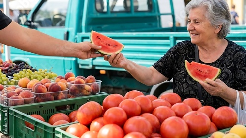 Elderly woman buying a slice of fresh watermelon from a vendor at an outdoor market with crates of tomatoes, peaches, and grapes in the foreground